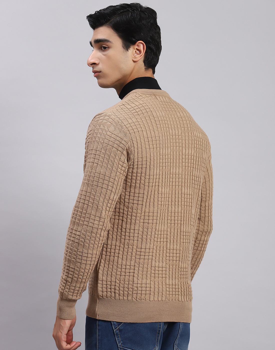 Men Camel Brown Self Design V Neck Full Sleeve Sweaters/Pullovers
