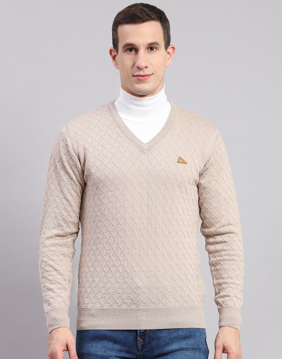 Men Beige Self Design V Neck Full Sleeve Sweaters/Pullovers