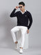 Men Navy Blue Self Design V Neck Full Sleeve Sweaters/Pullovers