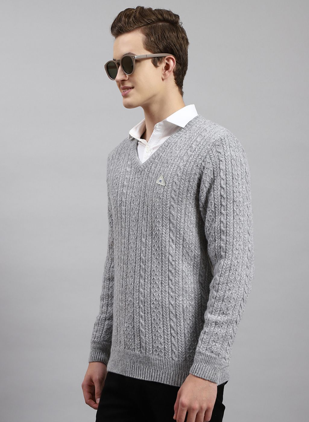 Men Grey Self Design Lamb wool Pullover