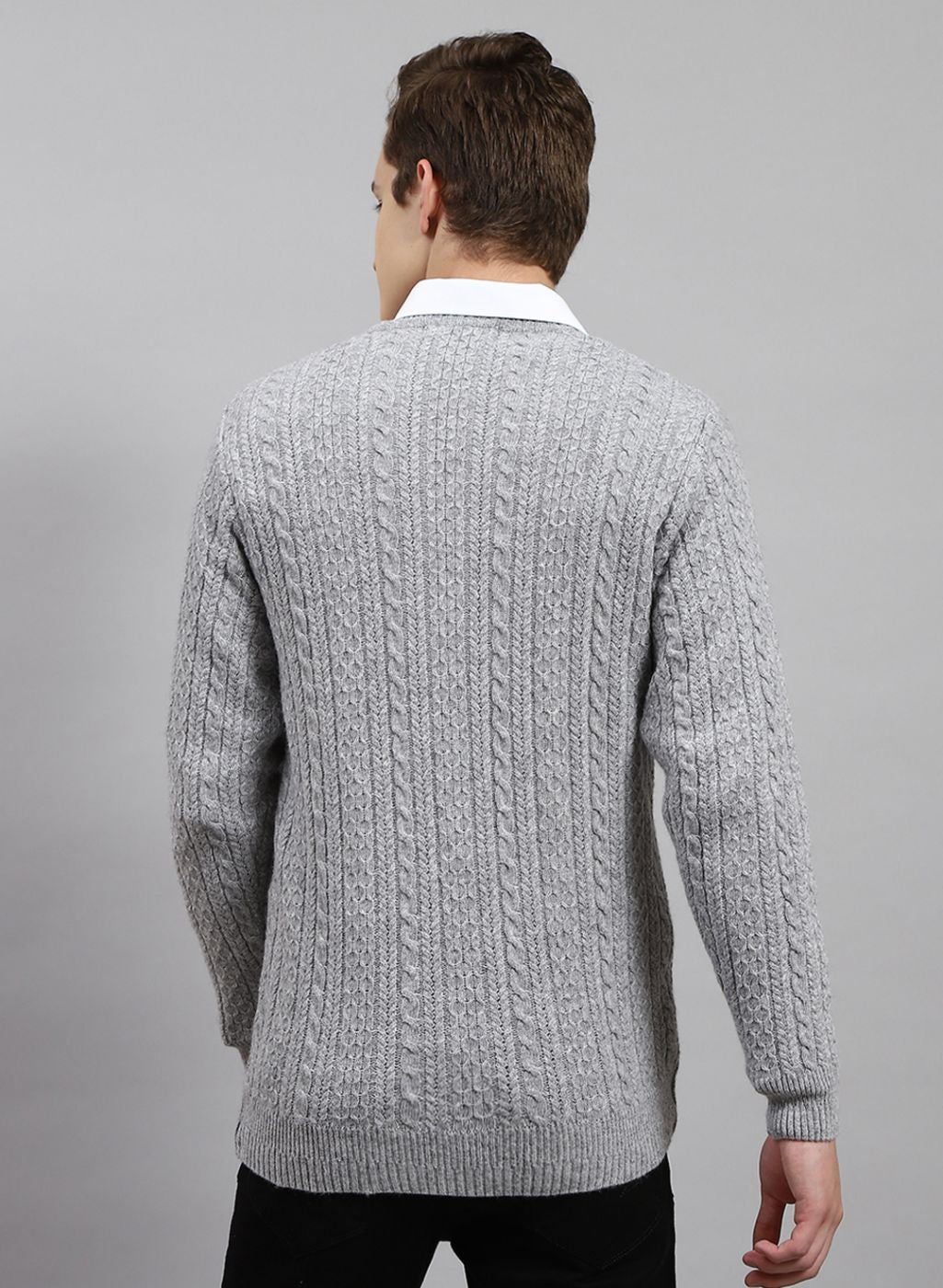Men Grey Self Design Lamb wool Pullover