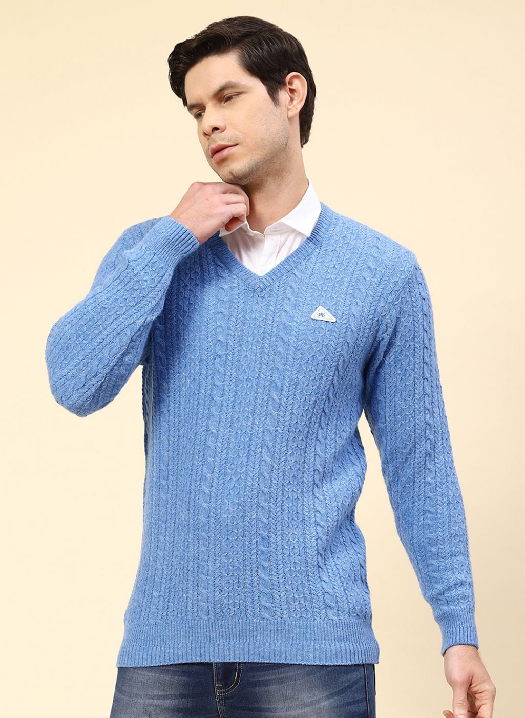 Men Blue Self Design Lamb wool Pullover