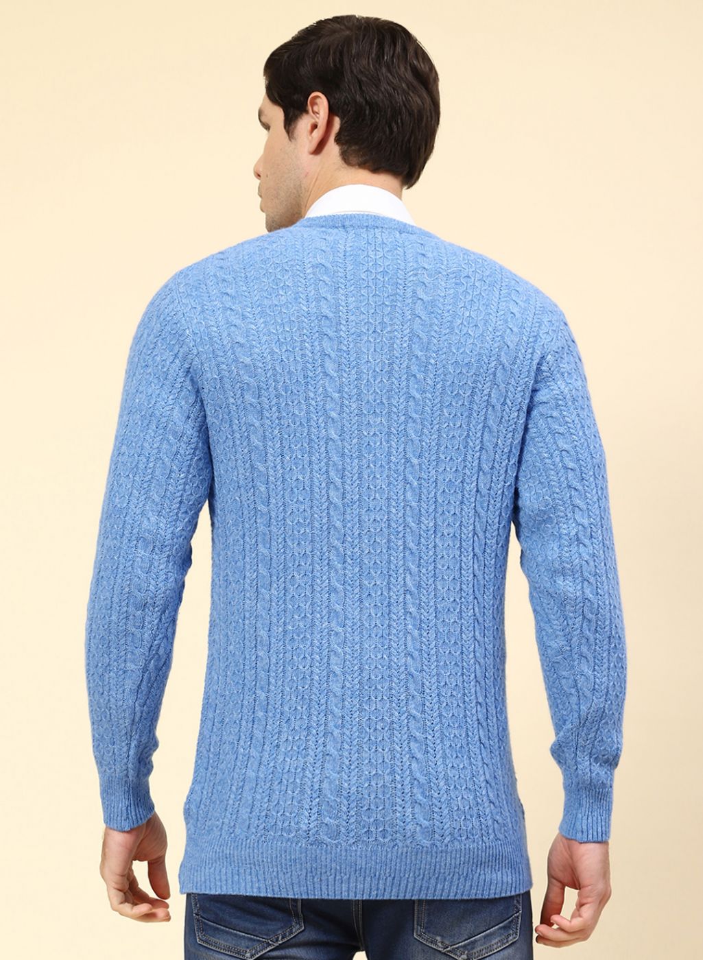 Men Blue Self Design Lamb wool Pullover