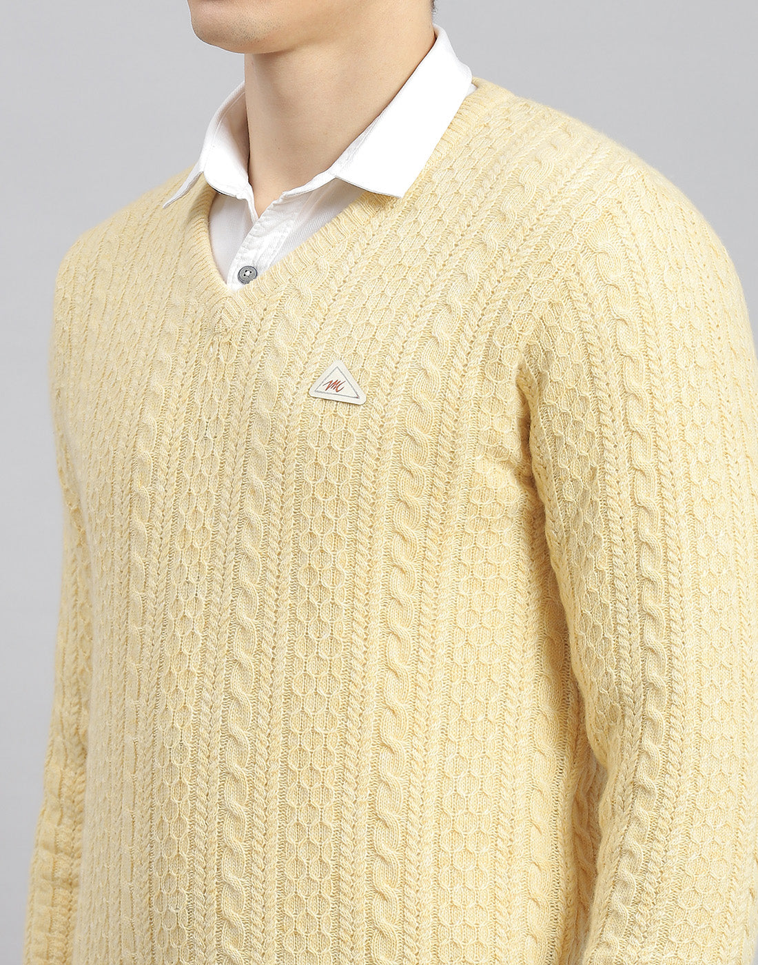 Men Cream Self Design V Neck Full Sleeve Pullover