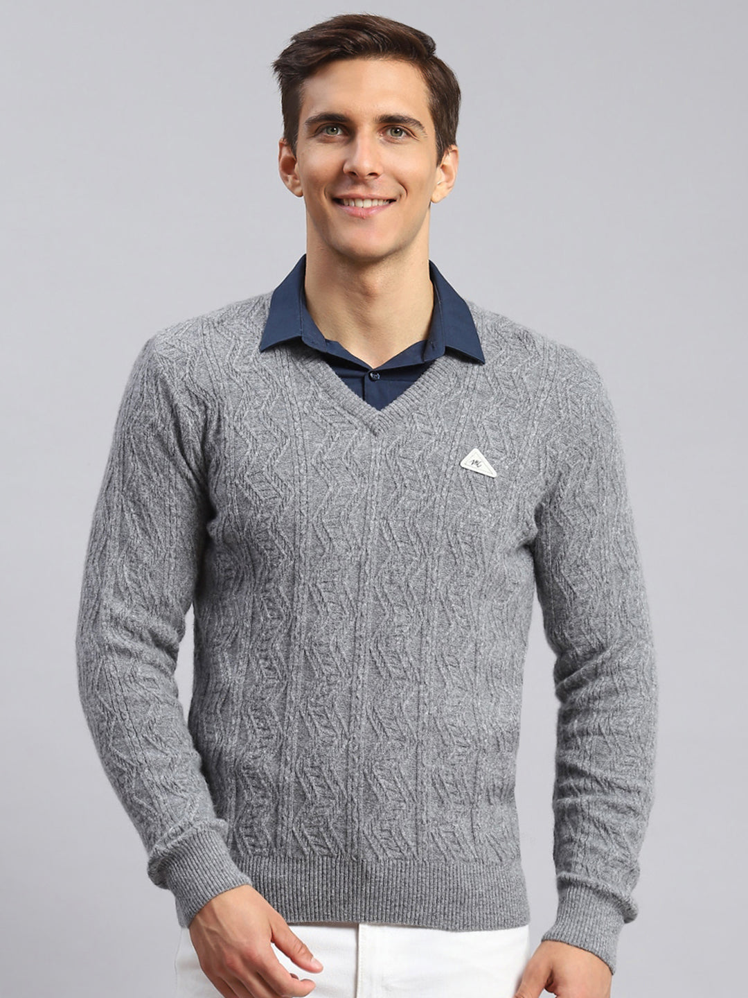 Men Grey Self Design Lamb wool Pullover