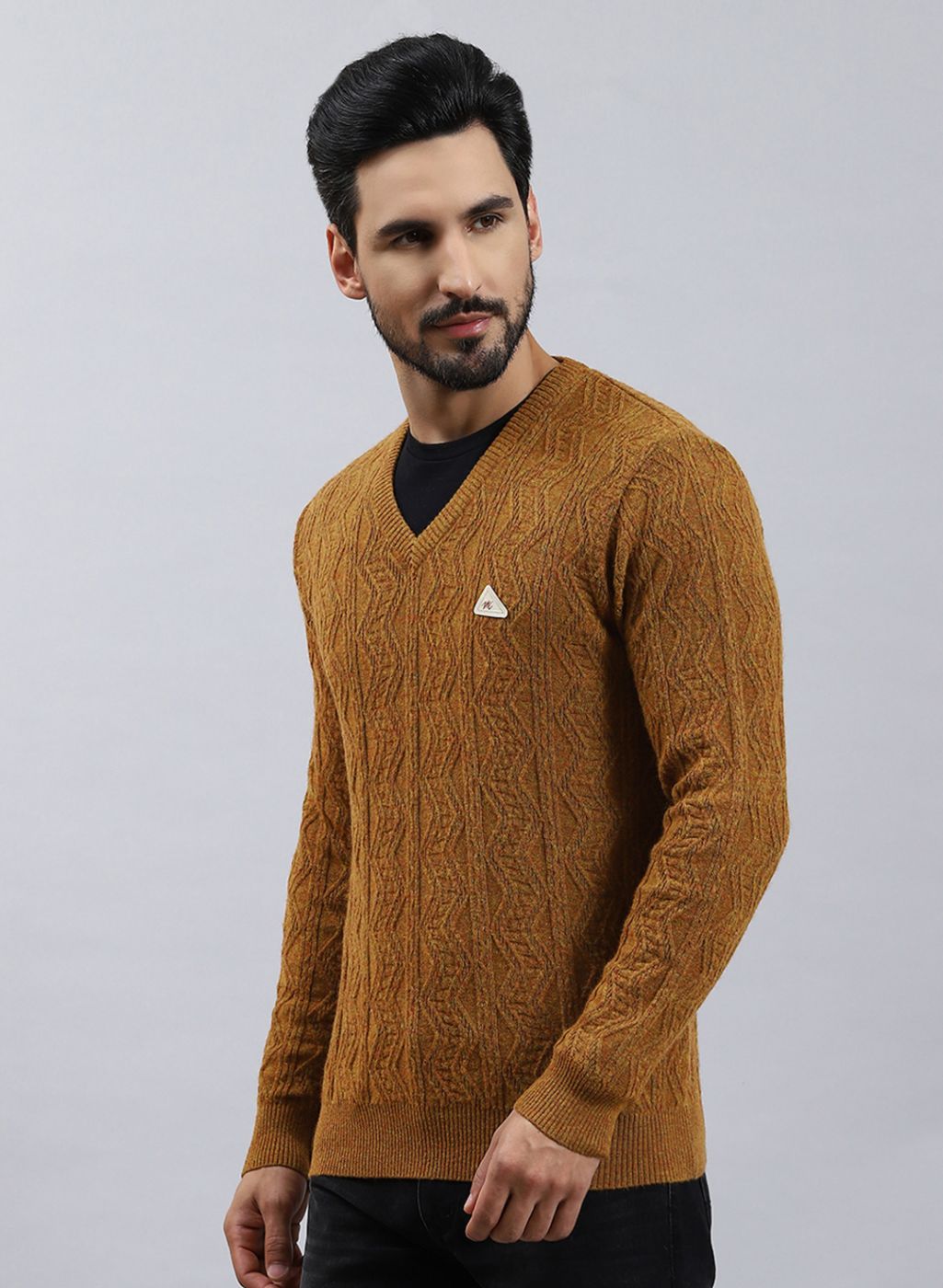 Men Brown Self Design Lamb wool Pullover