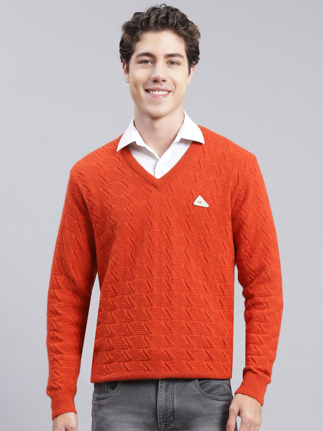 Men Orange Self Design Lamb wool Pullover