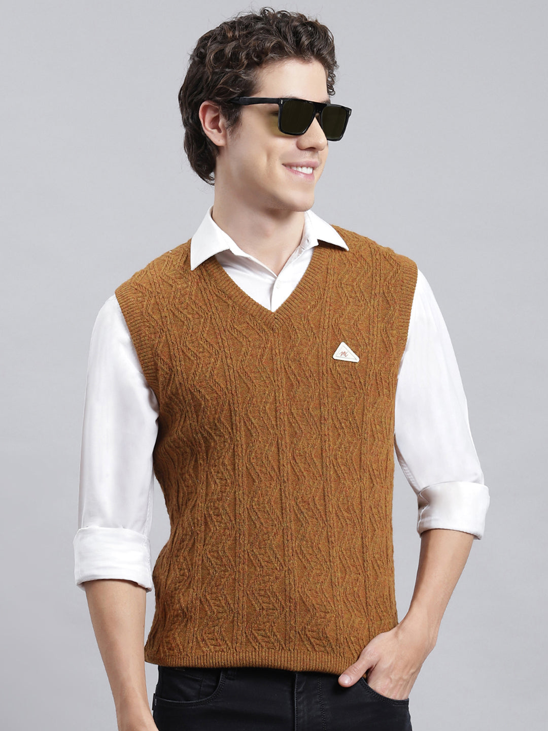 Men Mustard Self Sweater
