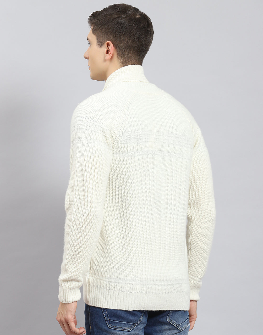 Men Off White Self Design Stand Collar Full Sleeve Sweater