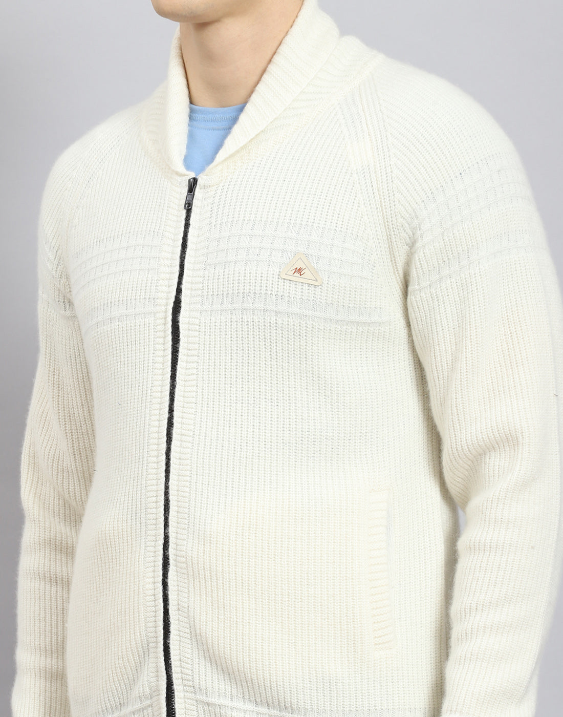 Men Off White Self Design Stand Collar Full Sleeve Sweater