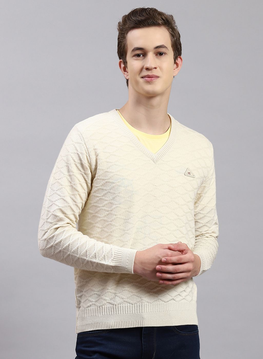 Men Off White Self Design Wool blend Pullover