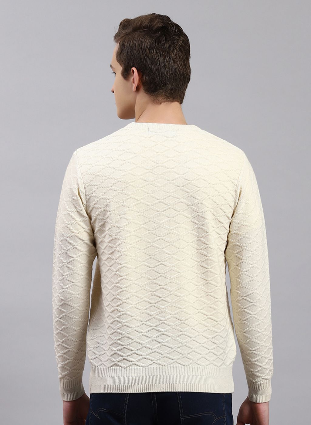 Men Off White Self Design Wool blend Pullover