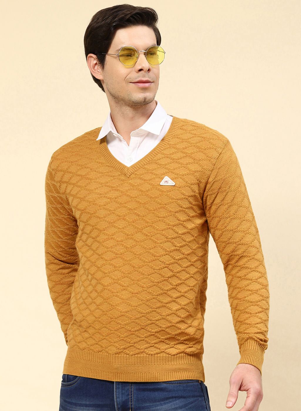 Men Mustard Self Design Wool blend Pullover