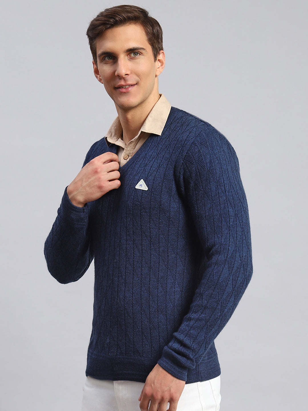 Men Navy Blue Self Design Wool blend Pullover