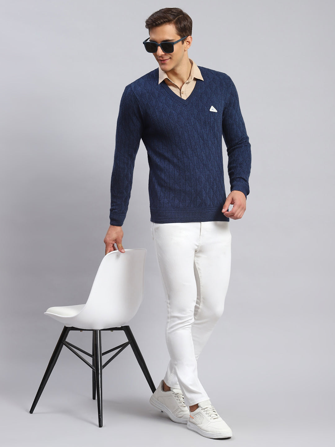 Men Navy Blue Self Design Wool blend Pullover