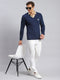Men Navy Blue Self Design Wool blend Pullover