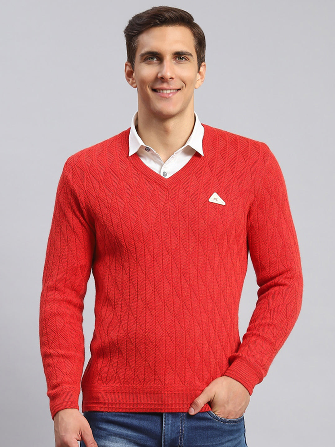 Men Red Self Design Wool blend Pullover