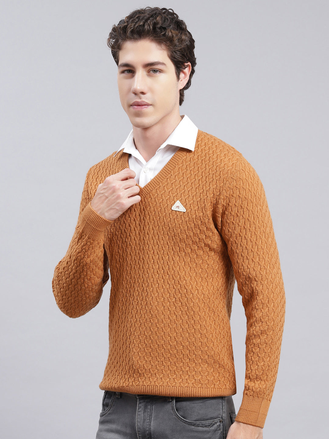 Men Mustard Self Design Wool blend Pullover