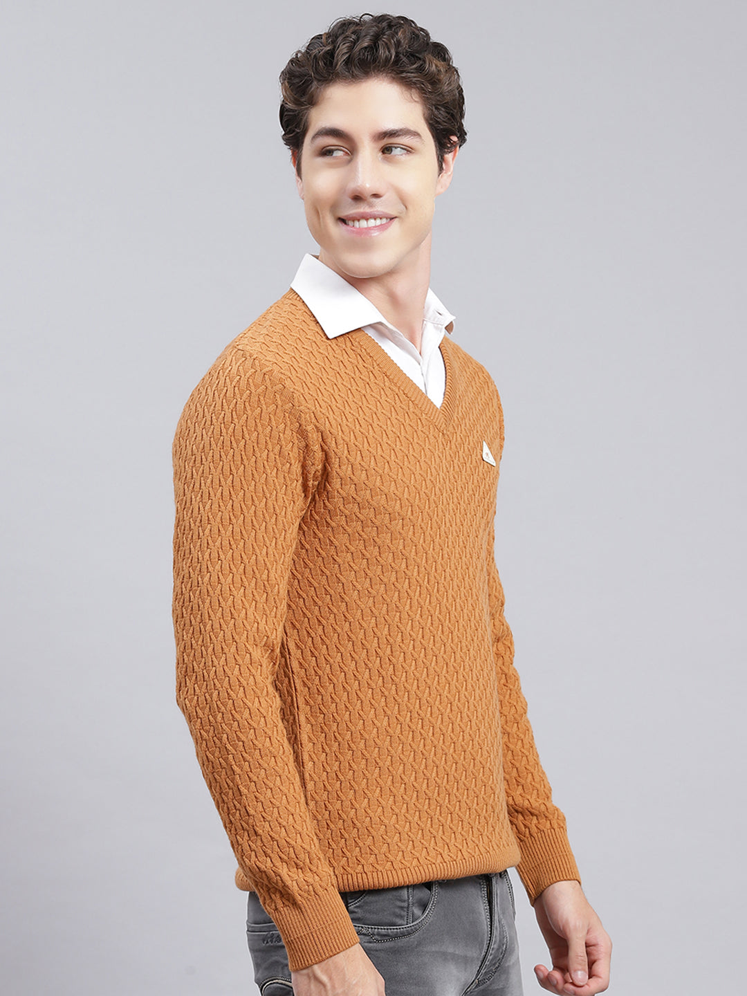 Men Mustard Self Design Wool blend Pullover