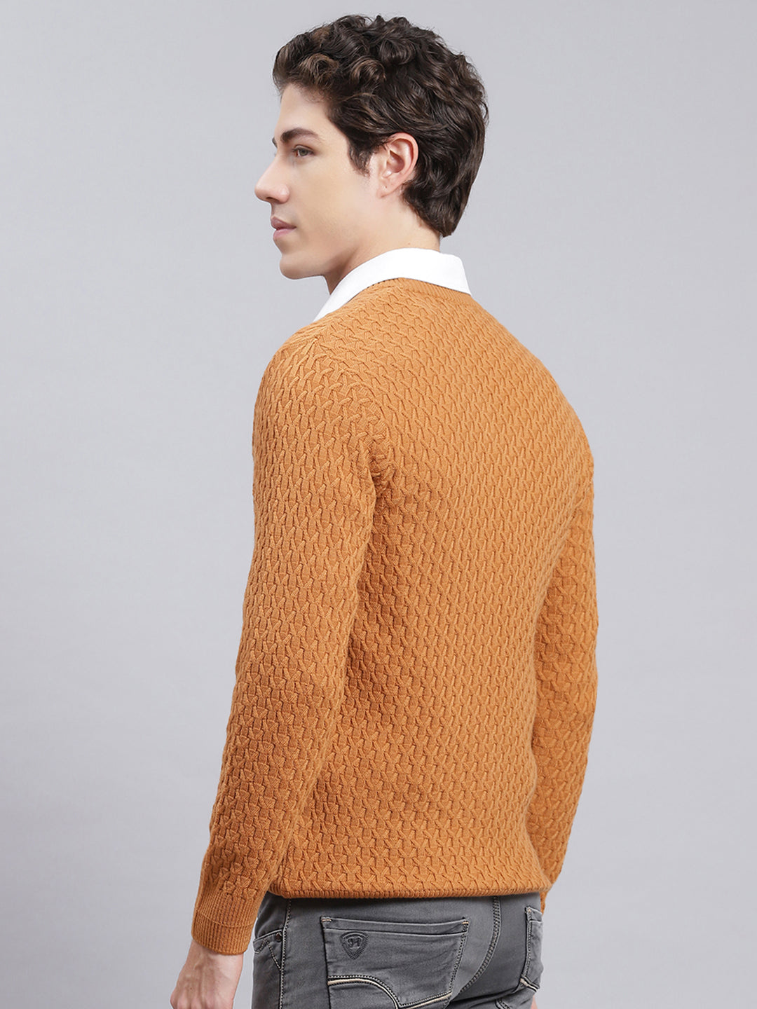 Men Mustard Self Design Wool blend Pullover