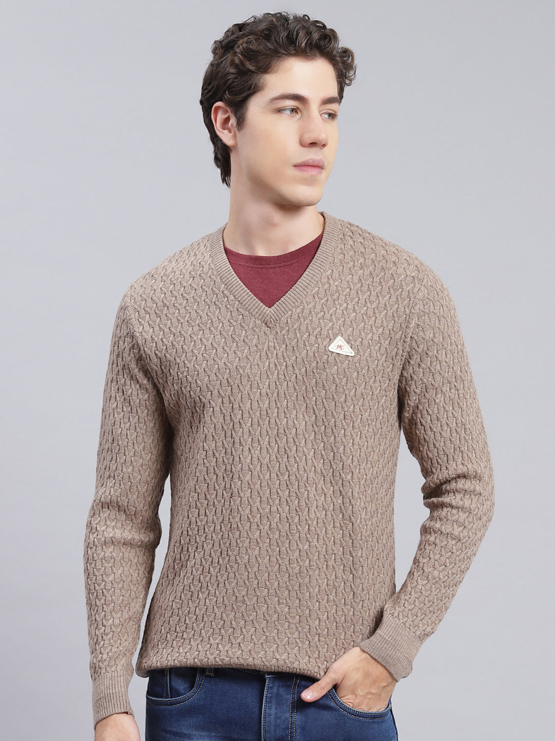 Men Light Brown Self Design Wool blend Pullover