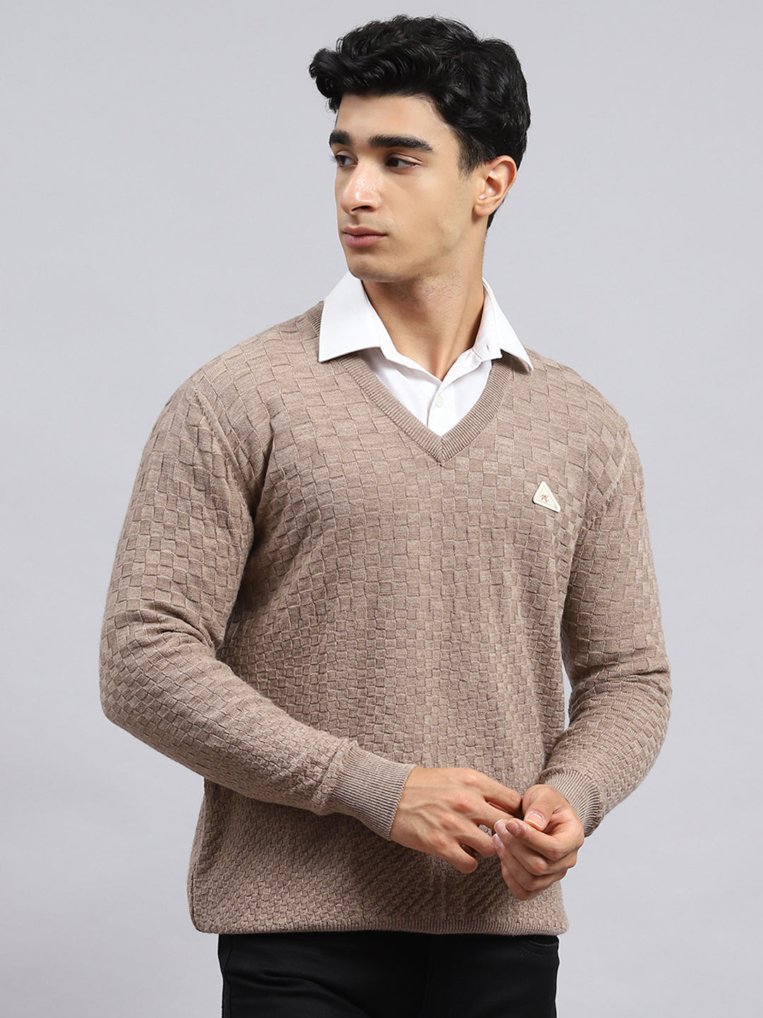 Men Brown Self Pullover