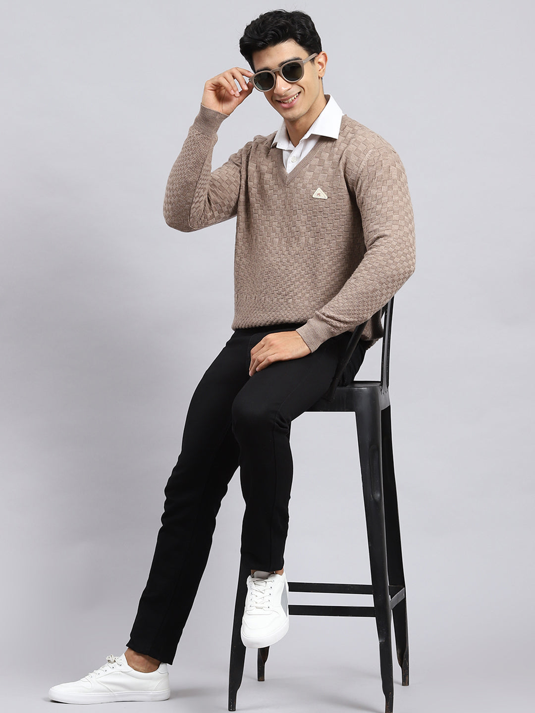 Men Brown Self Pullover