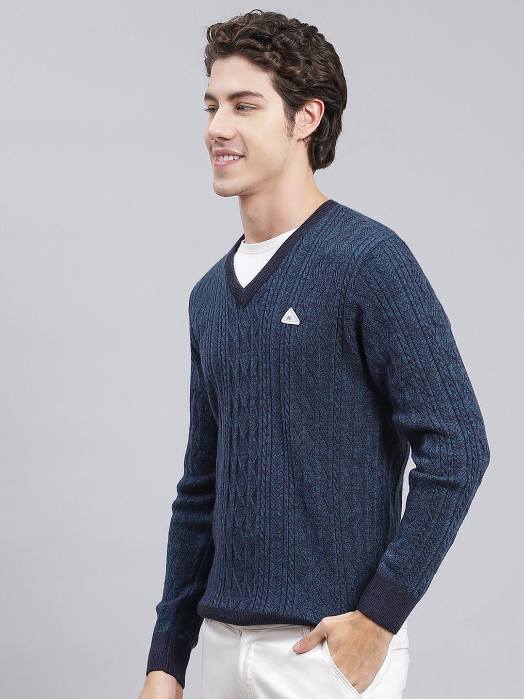 Men Blue Self Design Wool blend Pullover