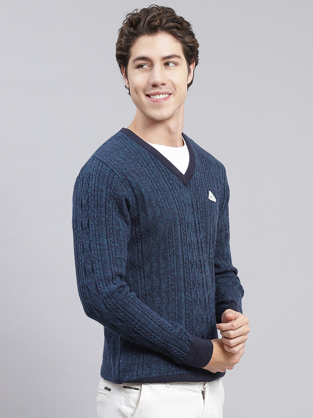 Men Blue Self Design Wool blend Pullover