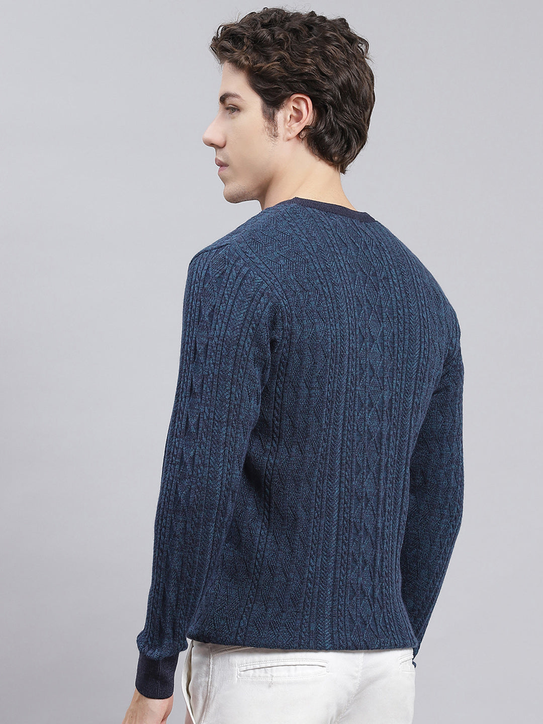 Men Blue Self Design Wool blend Pullover