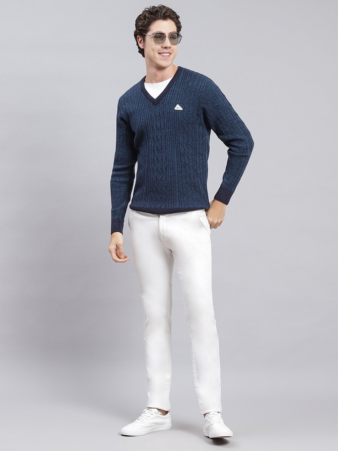 Men Blue Self Design Wool blend Pullover