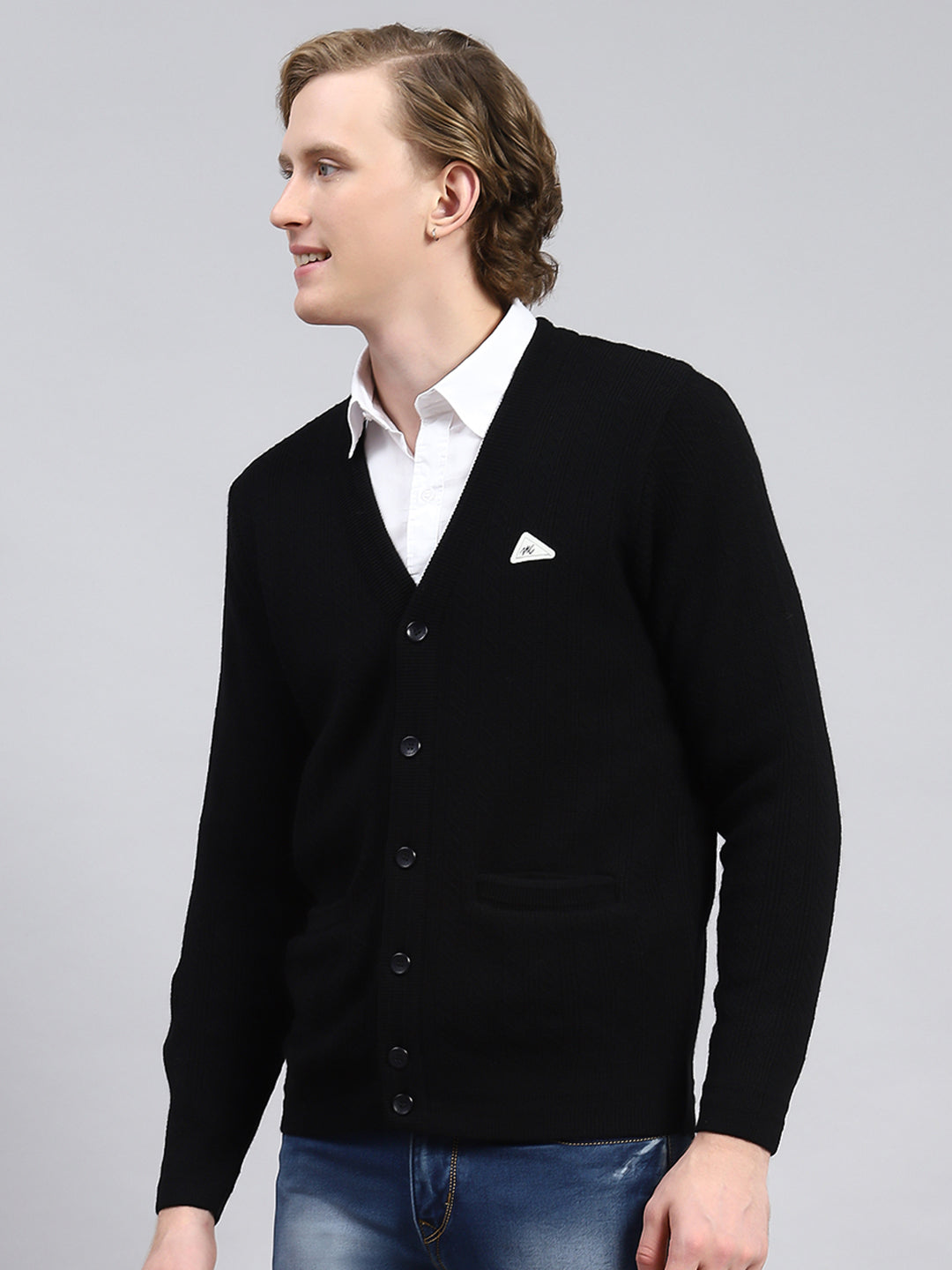 Men Black Self Cardigan