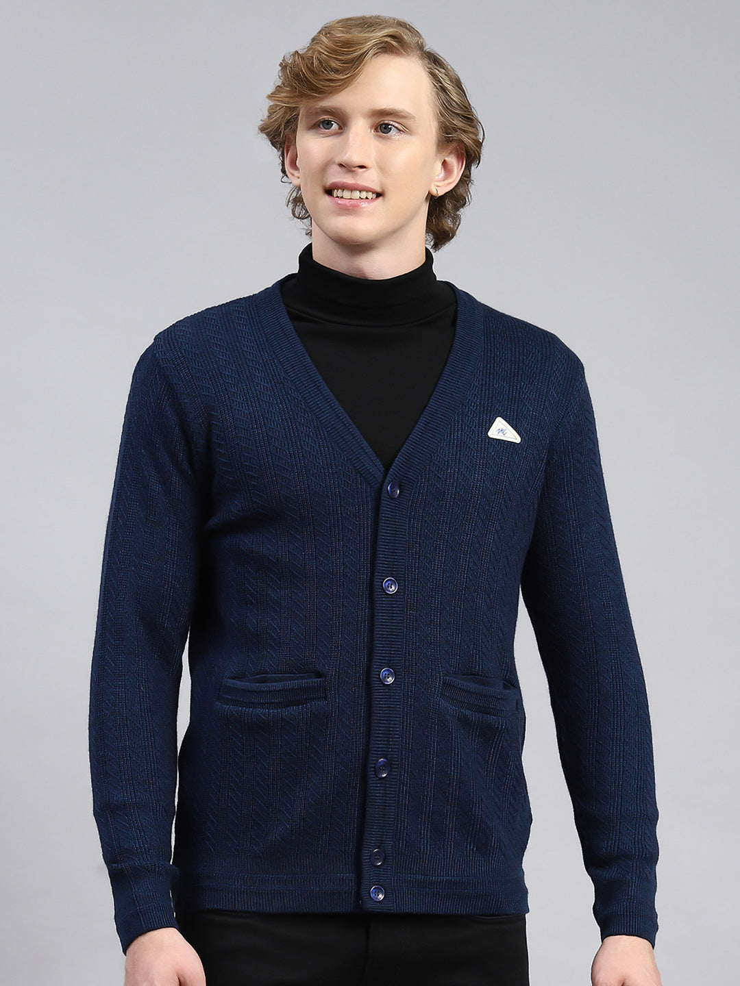 Men Navy Blue Self Cardigan