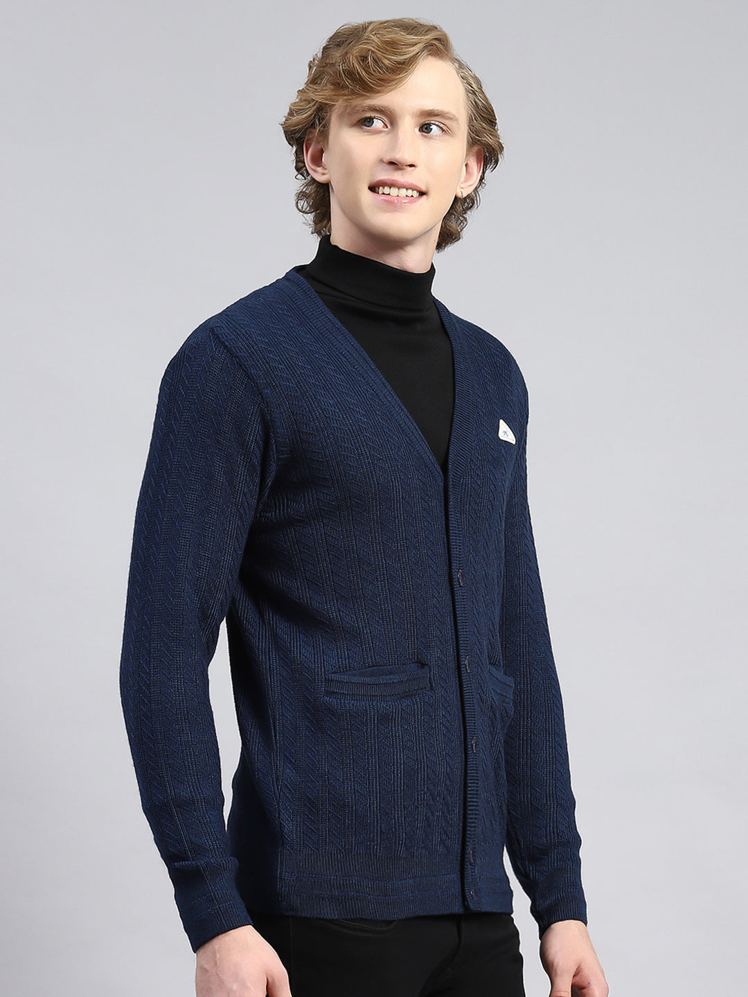 Men Navy Blue Self Cardigan