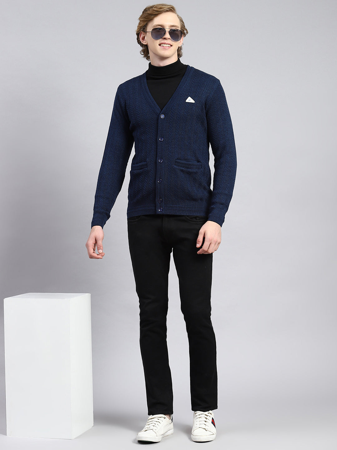 Men Navy Blue Self Cardigan