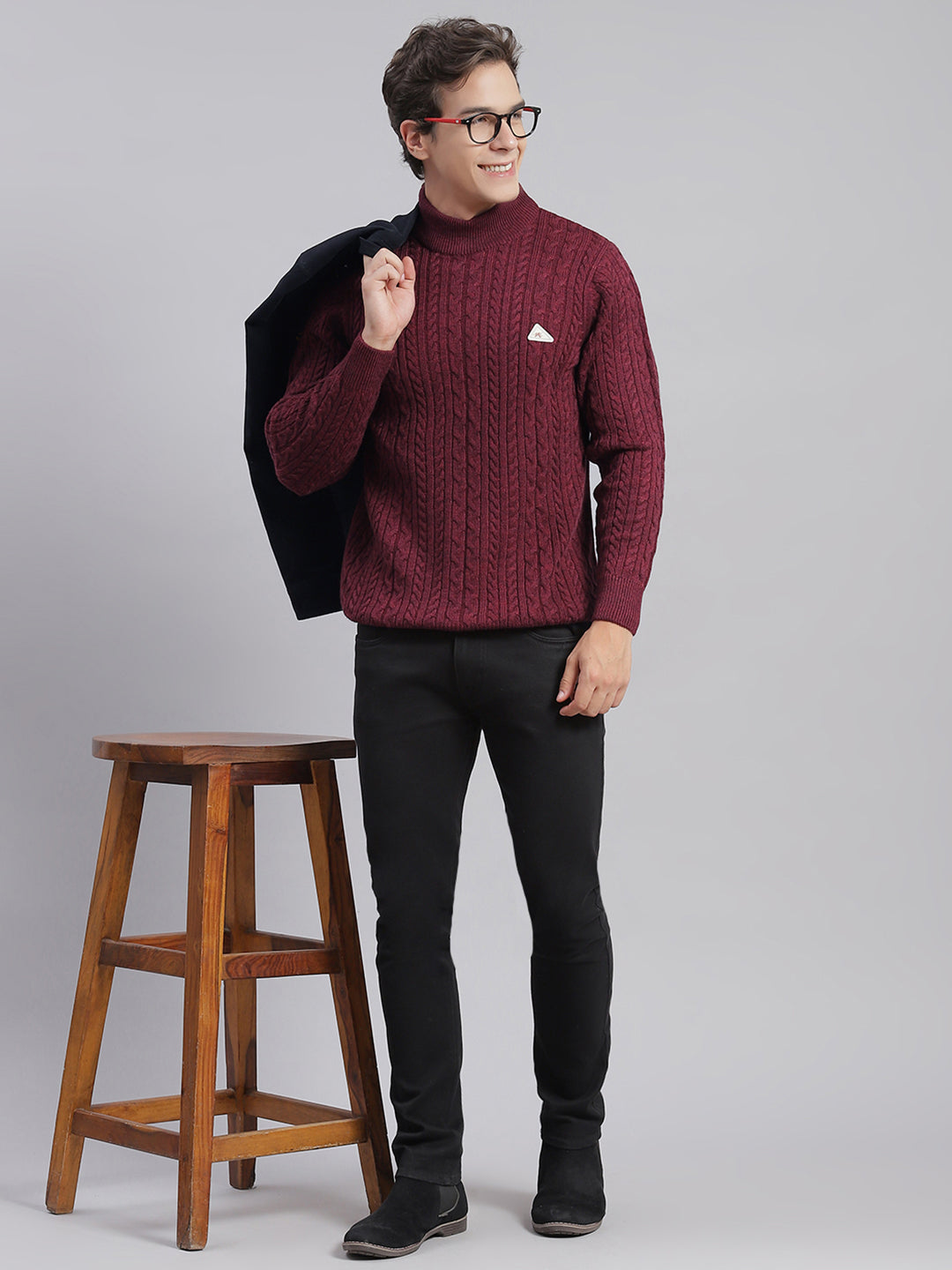 Men Maroon Self Design T Neck Full Sleeve Sweaters/Pullovers