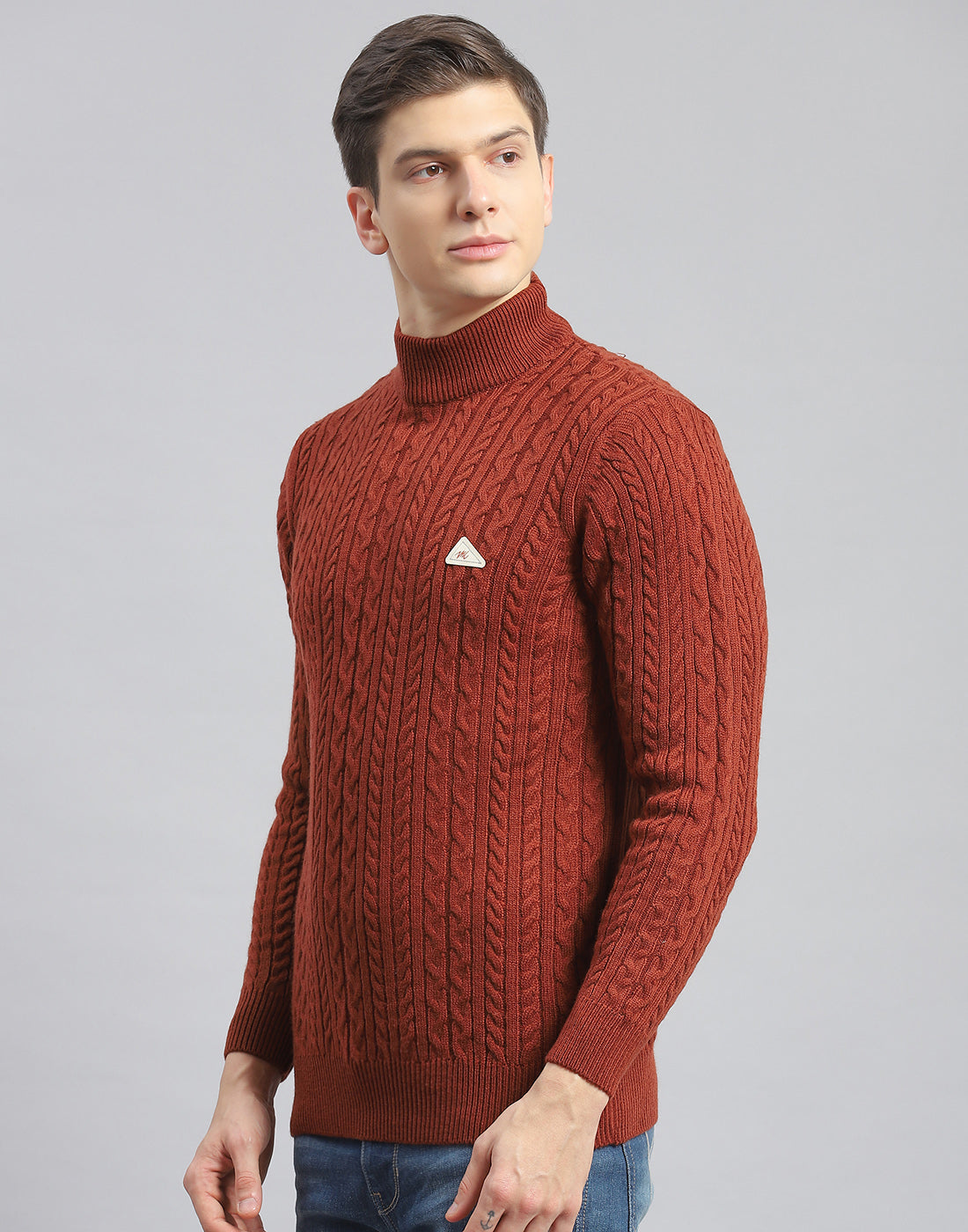 Men Rust Self Design T Neck Full Sleeve Pullover