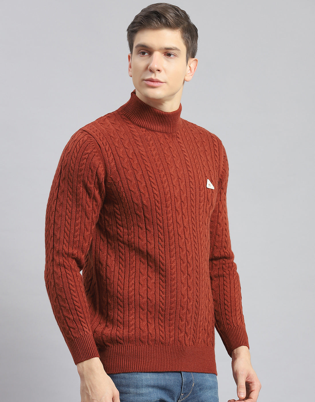Men Rust Self Design T Neck Full Sleeve Pullover