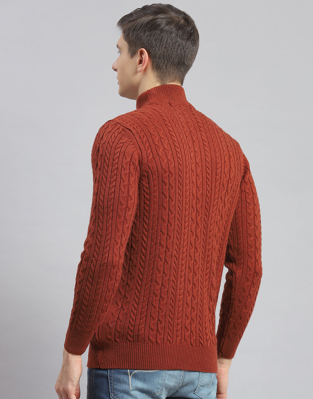 Men Rust Self Design T Neck Full Sleeve Pullover
