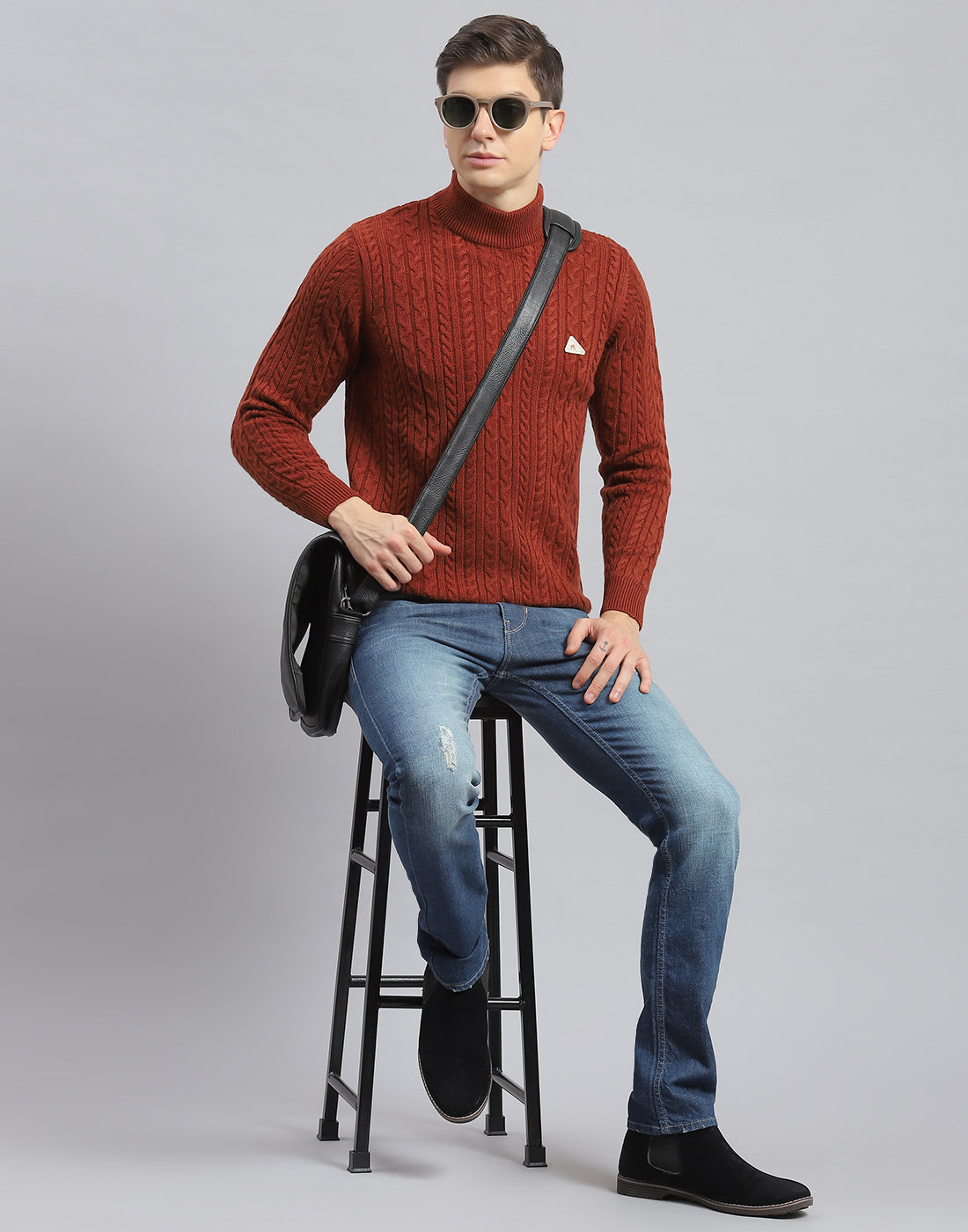 Men Rust Self Design T Neck Full Sleeve Pullover
