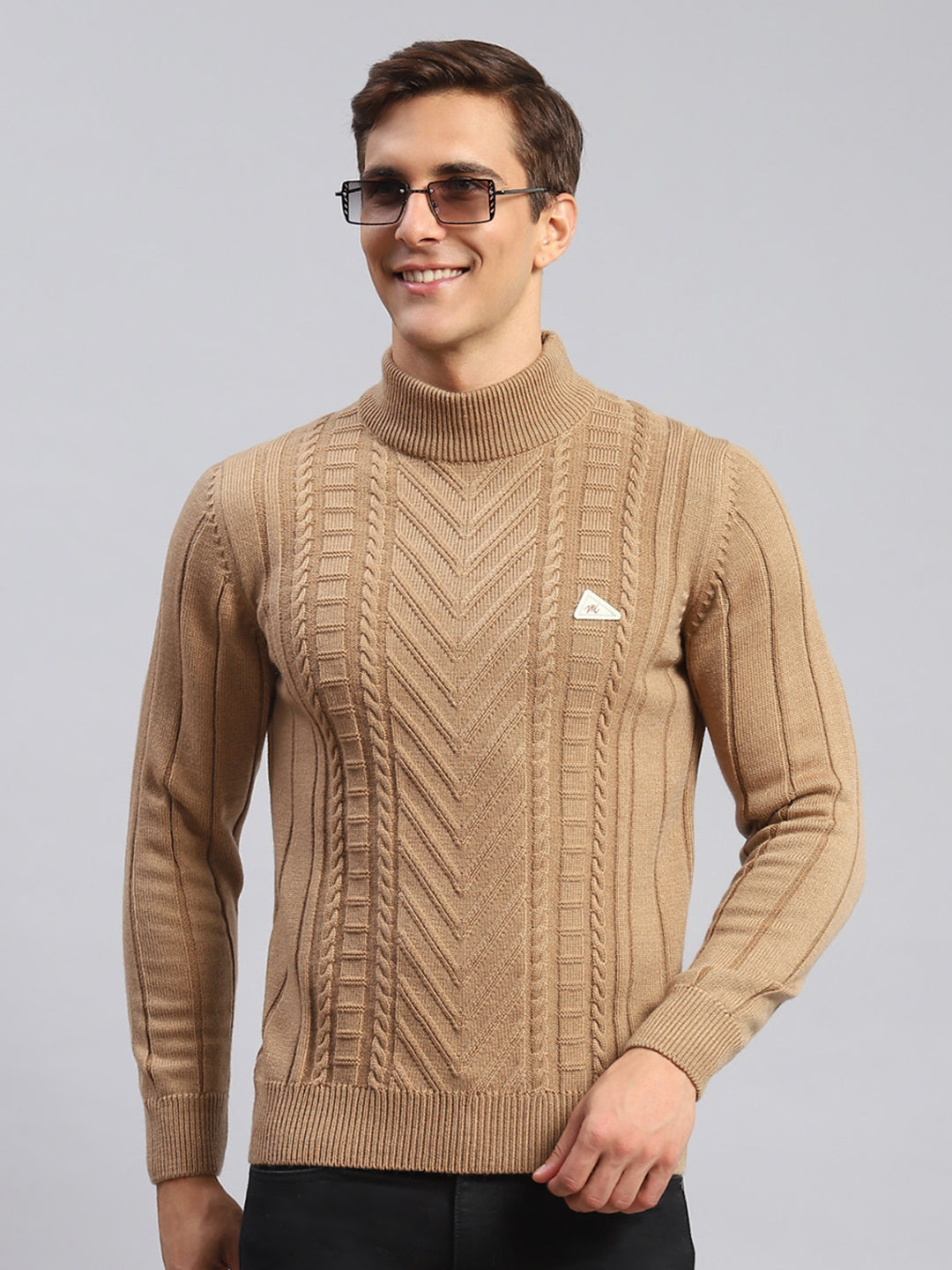 Men Brown Self Design Wool blend Pullover