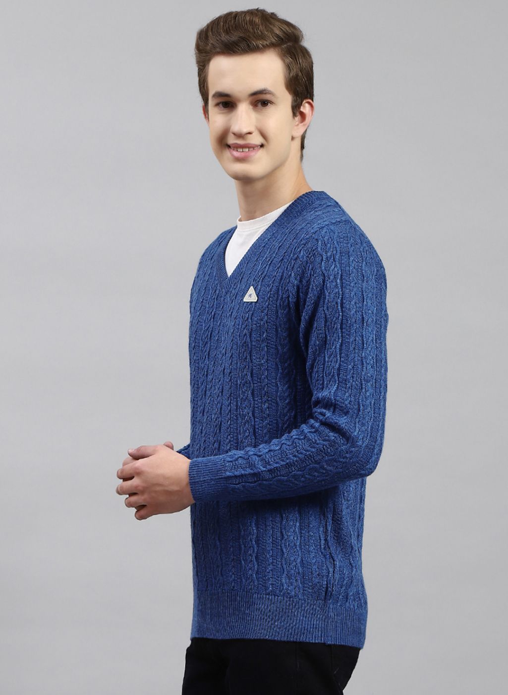 Men Blue Self Design Wool blend Pullover