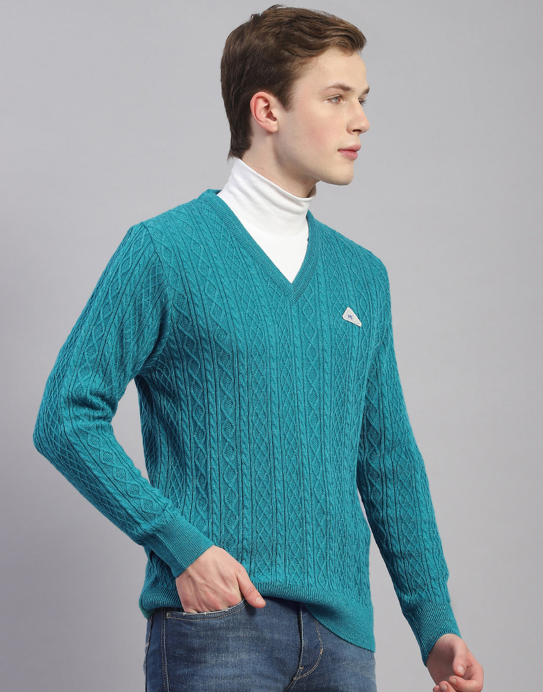 Men Turquoise Blue Solid V Neck Full Sleeve Pullover
