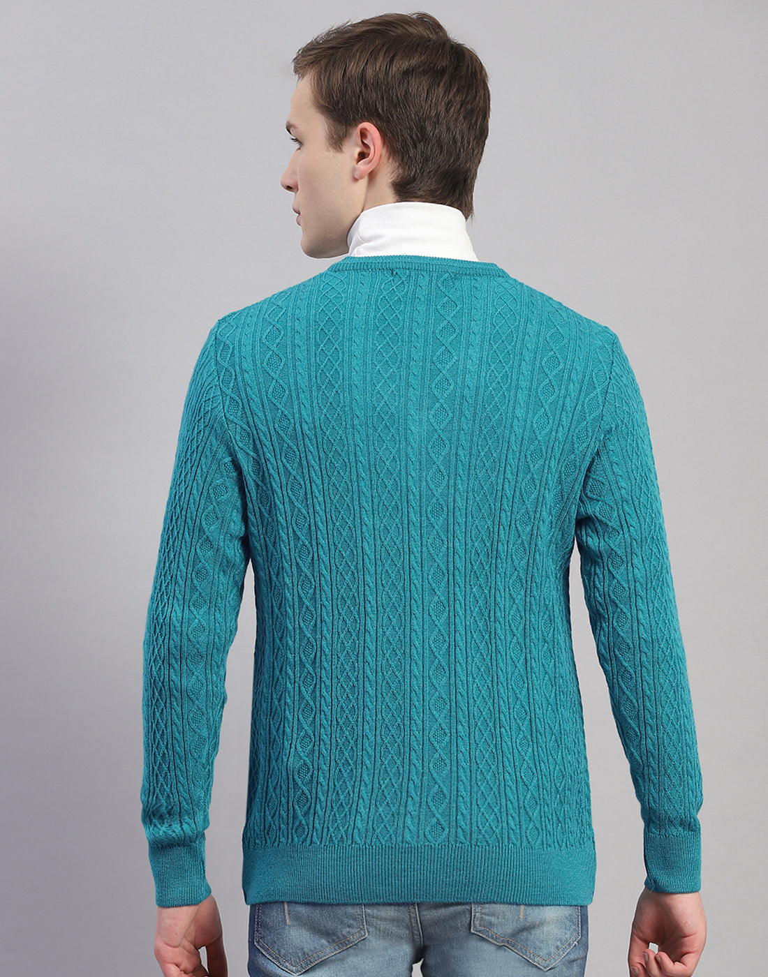 Men Turquoise Blue Solid V Neck Full Sleeve Pullover