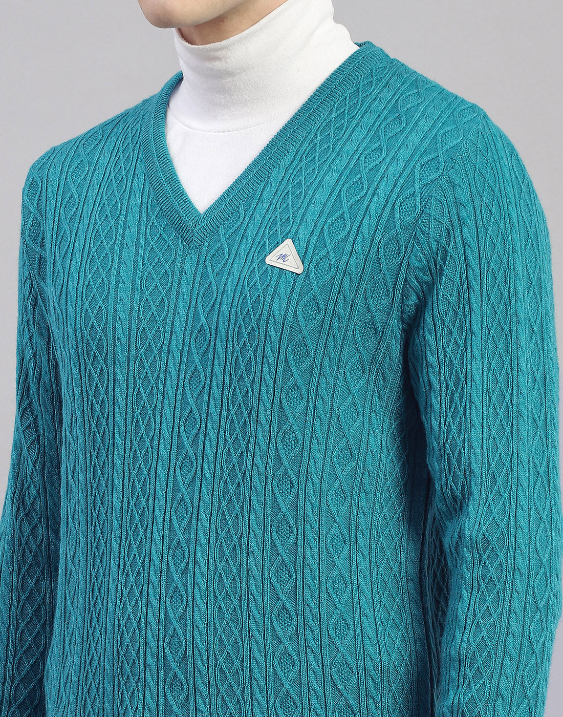 Men Turquoise Blue Solid V Neck Full Sleeve Pullover