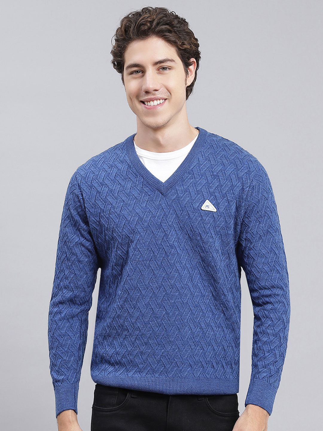 Men Blue Self Design Wool blend Pullover