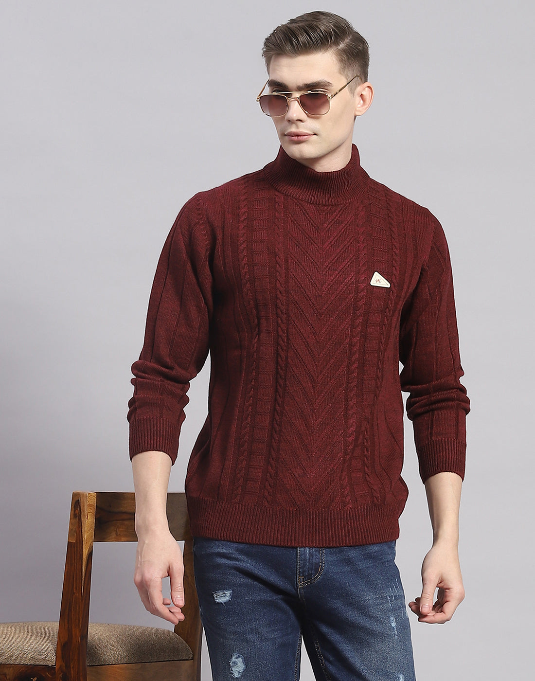Men Maroon Solid T Neck Full Sleeve Pullover
