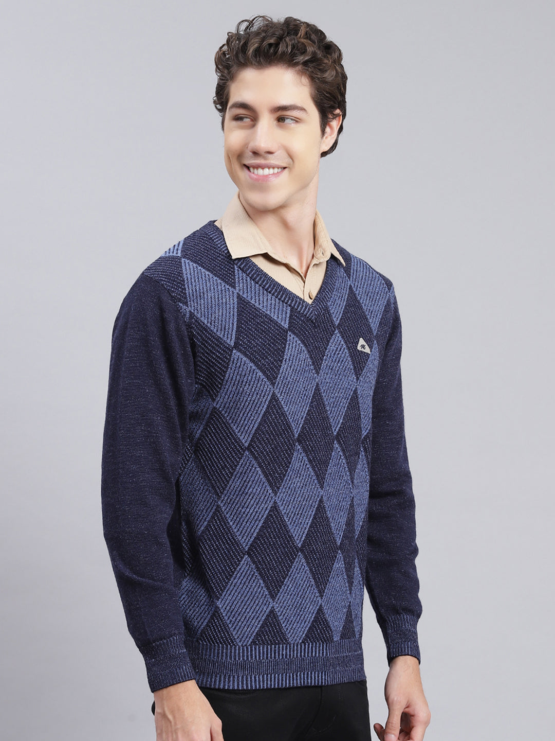 Men Navy Blue Printed Pure wool Pullover