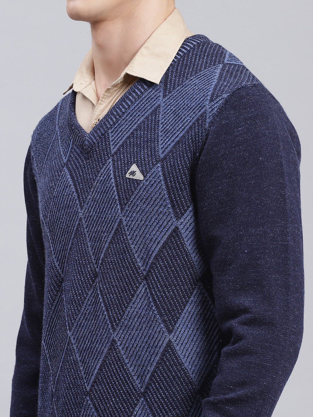Men Navy Blue Printed Pure wool Pullover