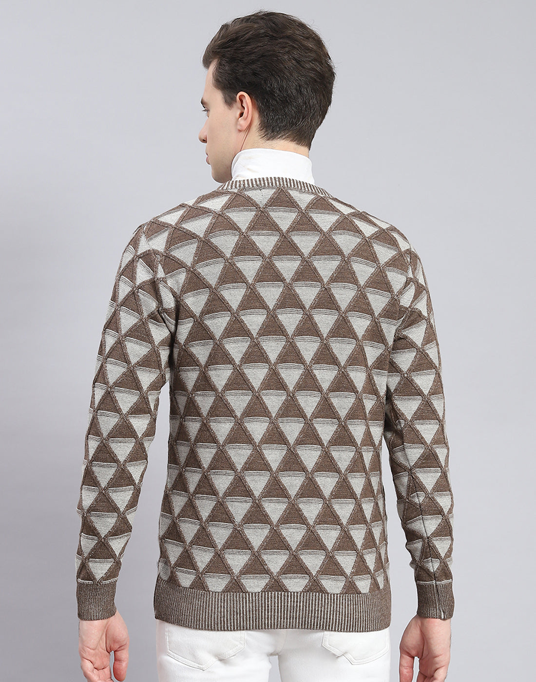 Men Brown Self Design V Neck Full Sleeve Pullover